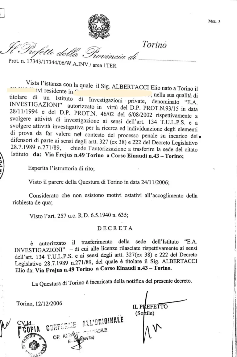 Investigatore Privato Torino Elio - Licenza